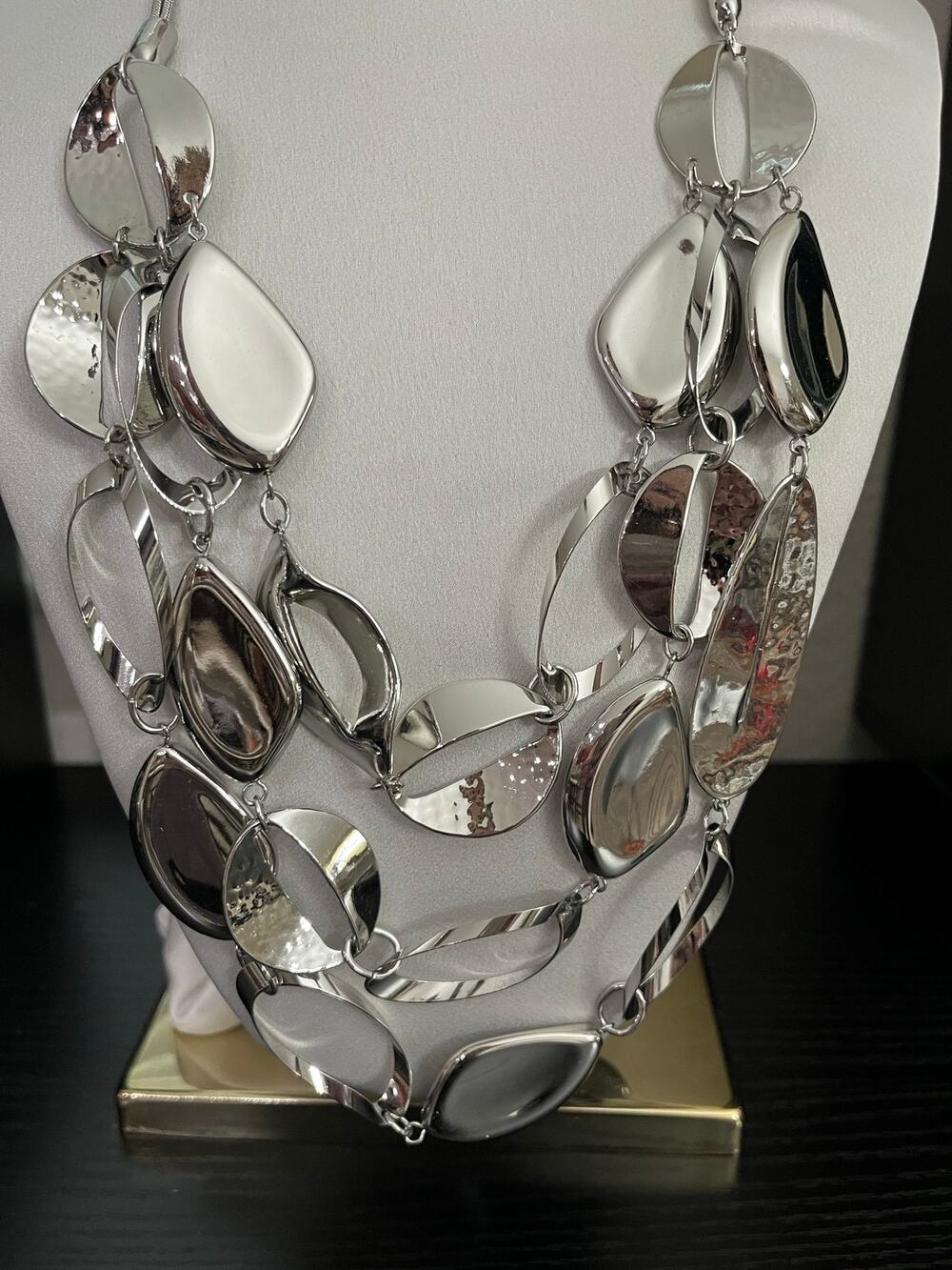 Chico's Shiny Chrome Silvertone Abstract Leaf Multi Strand Bib Necklace
